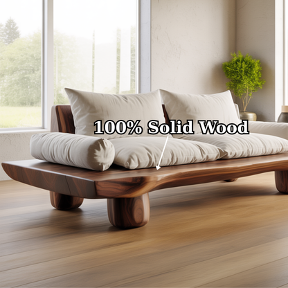 Handcrafted Solid Walnut Sofa – Low Organic Wood Couch with Linen Cushions and Rounded Legs Lynnsnail
