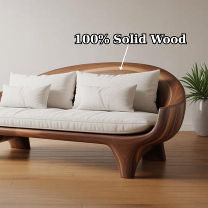 Handcrafted Solid Wood Sofa – Modern Organic Wood Couch with Smooth Curves and Linen Cushions