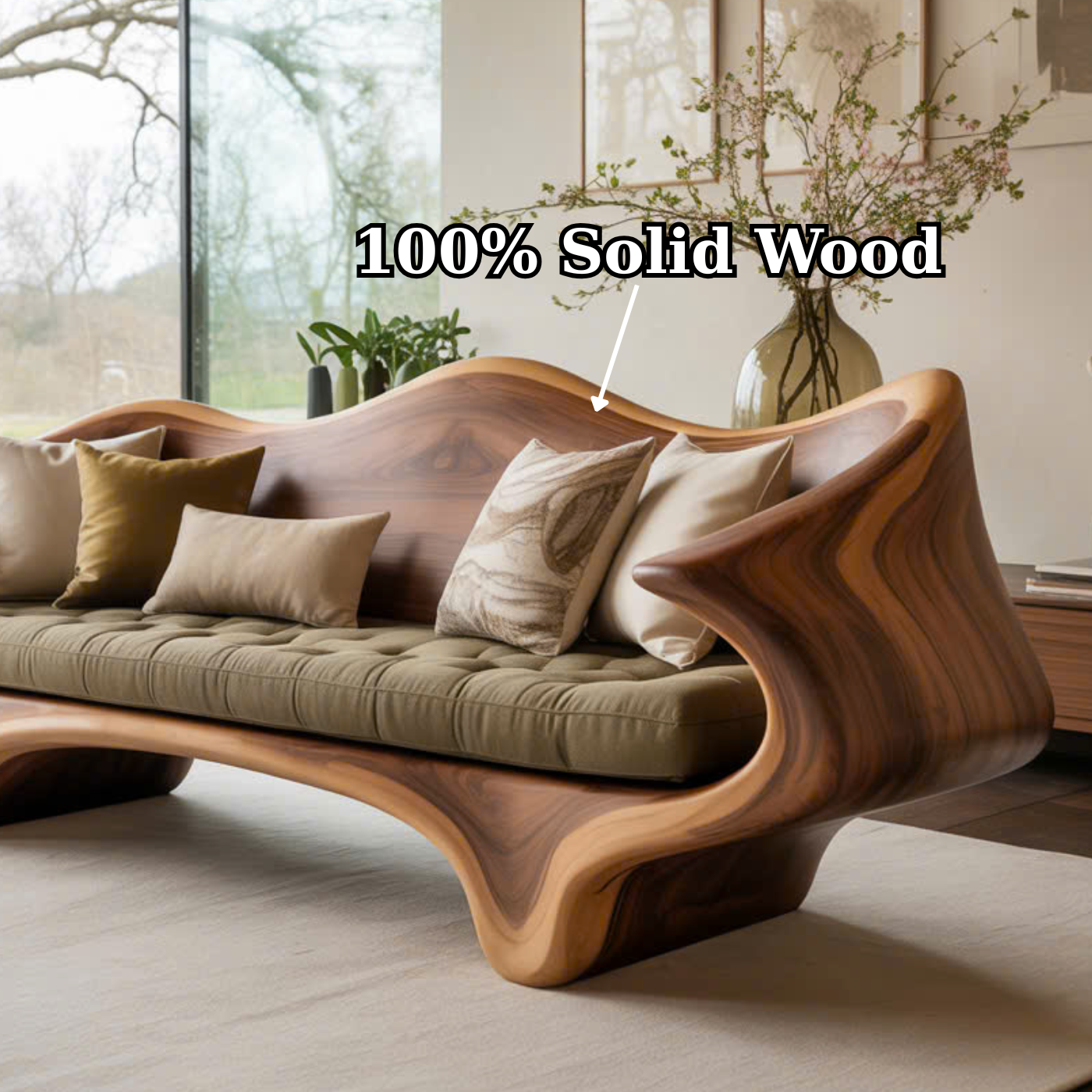 Handcrafted Solid Wood Sofa – Sculptural Organic Wood Couch with Artistic Curves and Cushion Seat Lynnsnail