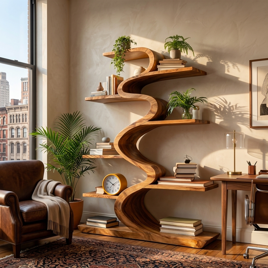 Modern Wooden Bookshelf Flowing Form For Living Room Lynnsnail