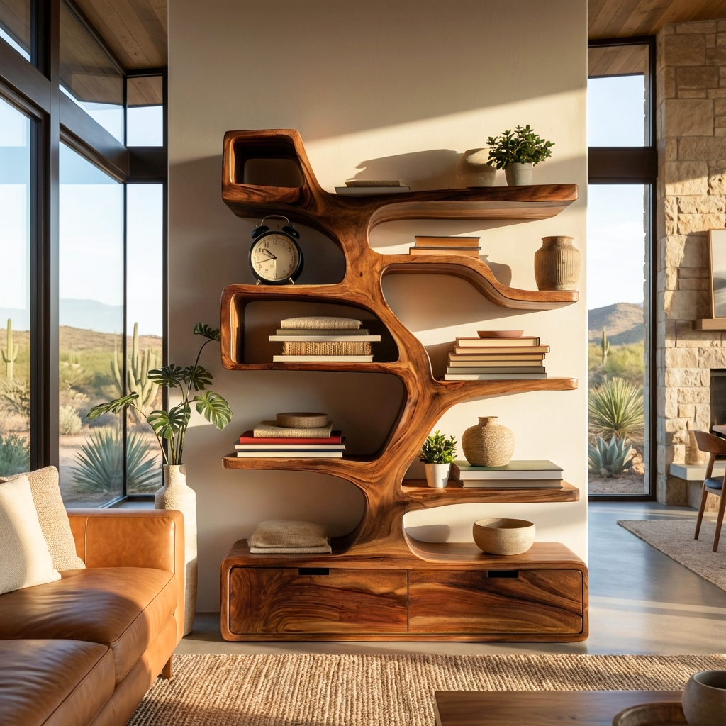 Contemporary Wooden Bookshelf Sculpted Design For Living Space Lynnsnail