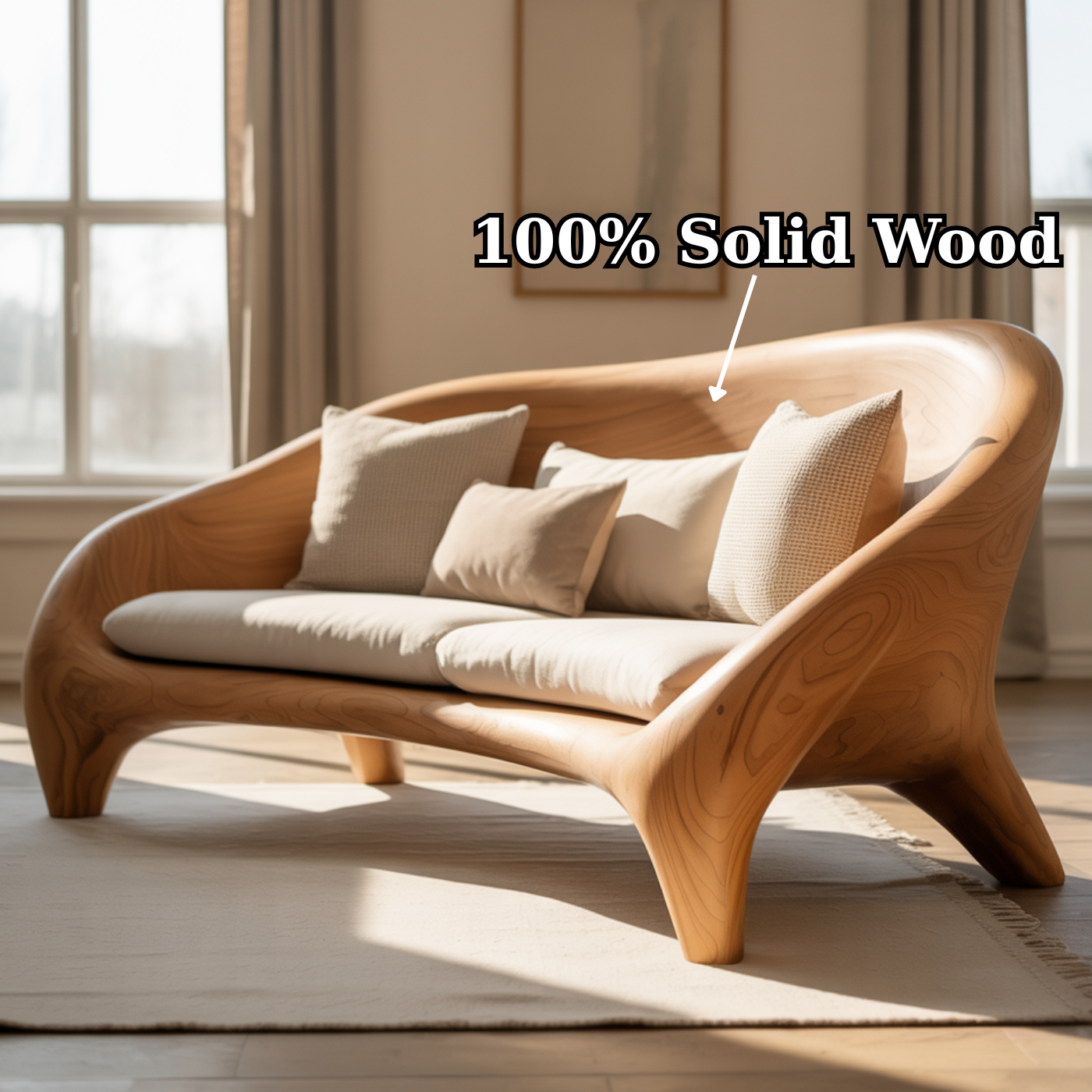 Handcrafted Solid Wood Sofa – Modern Organic Curved Couch with Smooth Sculptural Frame and Linen Cushions Lynnsnail