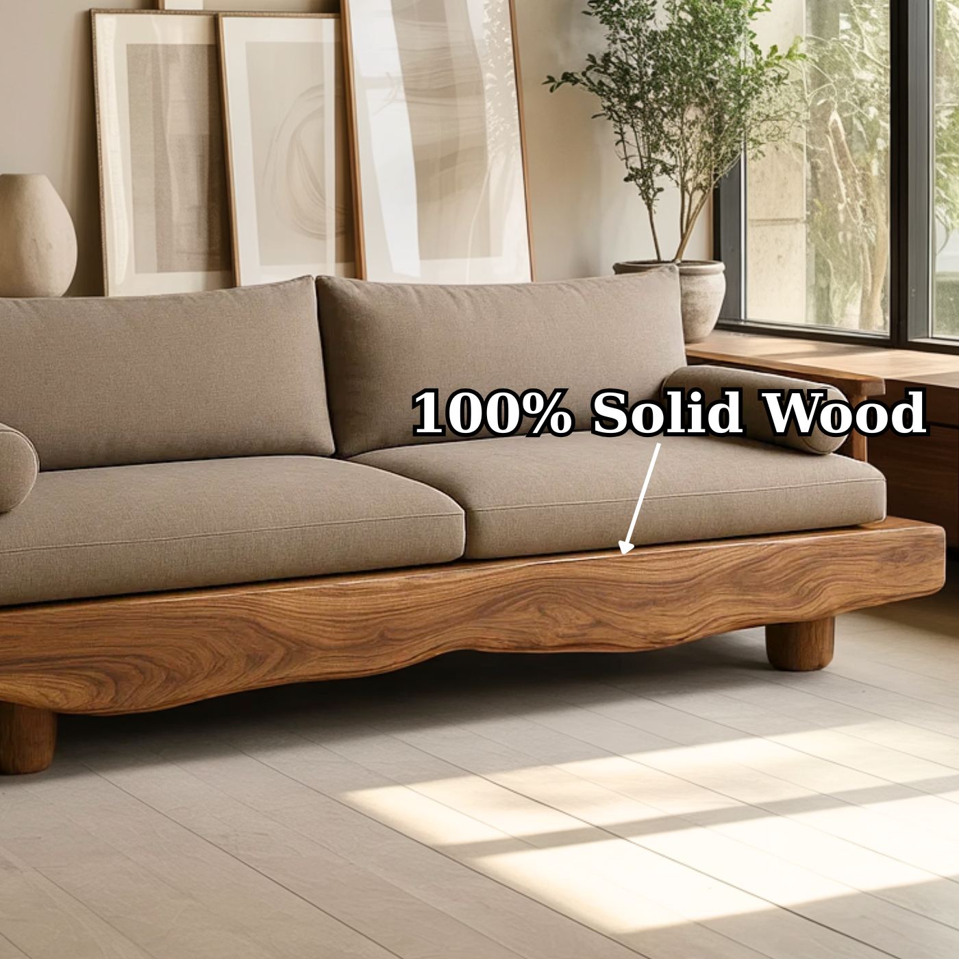 Handcrafted Solid Wood Sofa – Rustic Live Edge Wood Couch with Modern Minimalist Cushion Design Lynnsnail