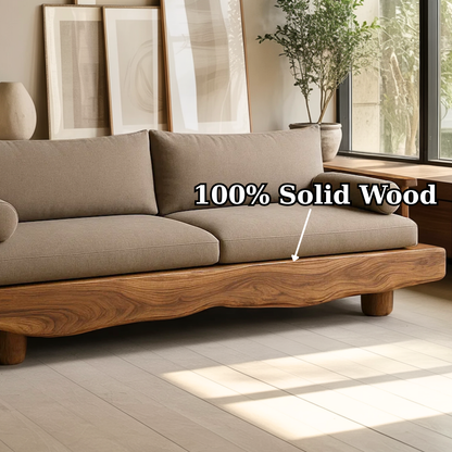 Handcrafted Solid Wood Sofa – Rustic Live Edge Wood Couch with Modern Minimalist Cushion Design Lynnsnail