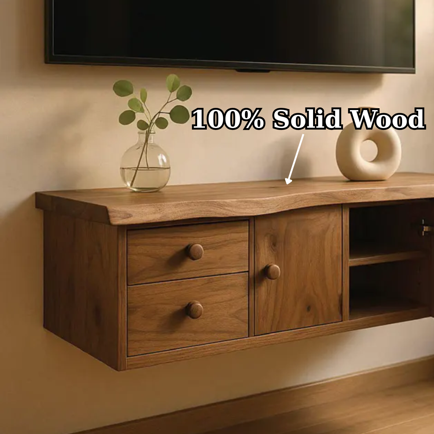 Handcrafted Solid Wood Floating TV Stand, Live Edge Media Console with Cabinet & Drawers Lynnsnail