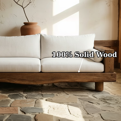Handcrafted Solid Wood Sofa – Rustic Live Edge Wood Couch with Minimalist Linen Cushions