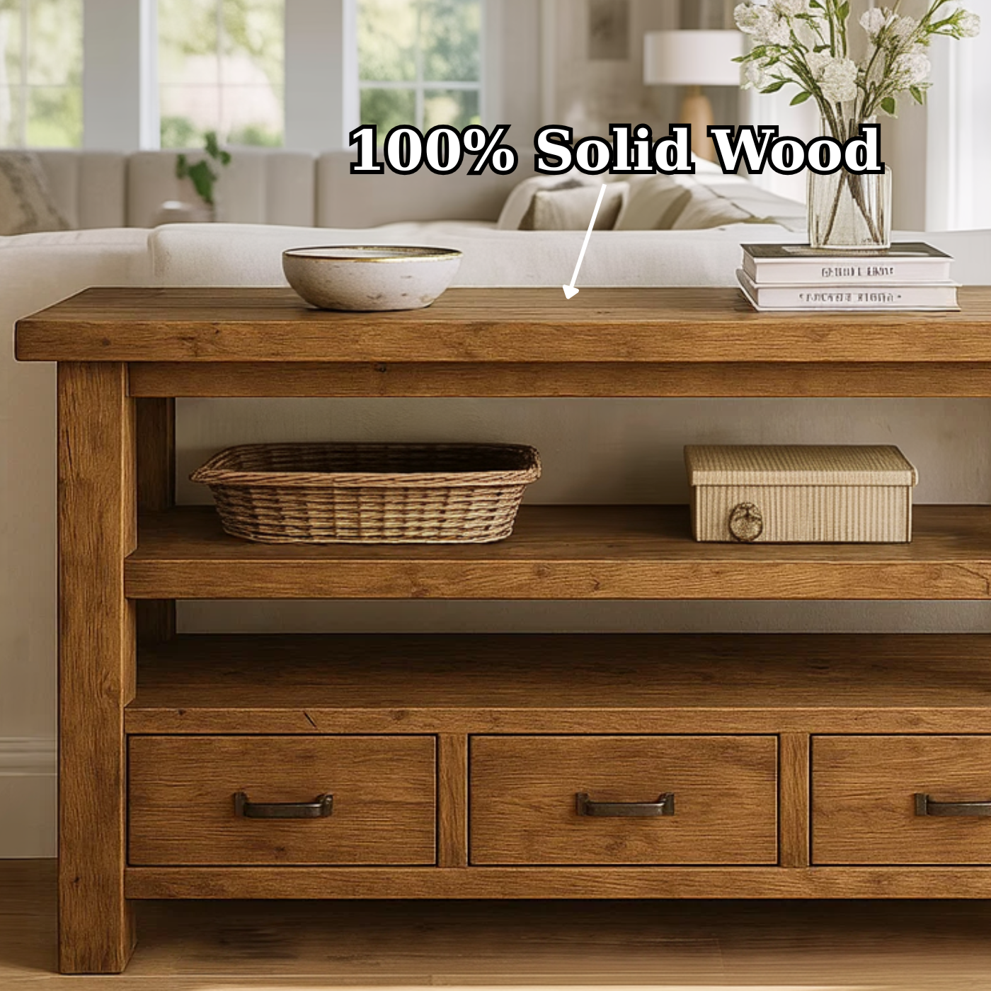 Handcrafted Solid Wood Console Table – Farmhouse Style with Three Storage Drawers Lynnsnail