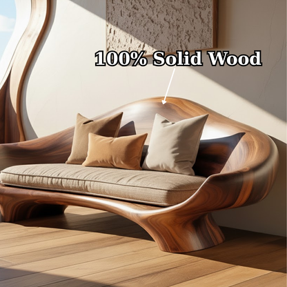 Handcrafted Solid Wood Sofa – Sculptural Organic Wood Couch with Smooth Curves and Linen Cushion Lynnsnail