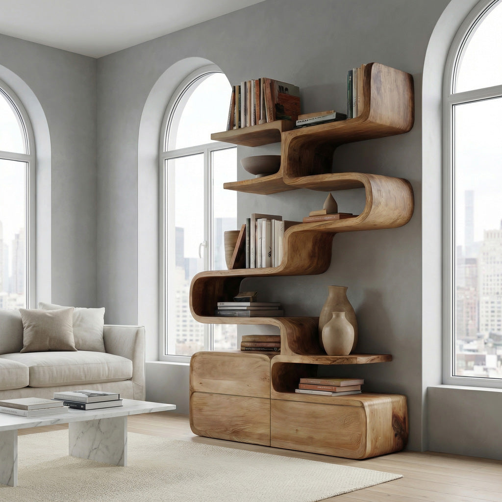 Scandinavian Sculptural Wooden Bookshelf With Organic Shape For Living Room Lynnsnail