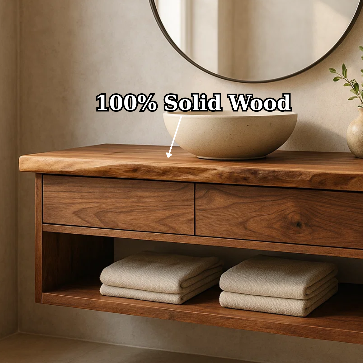 Handcrafted Solid Wood Floating Vanity - Live Edge Walnut with 2 Drawers & Open Shelf Lynnsnail