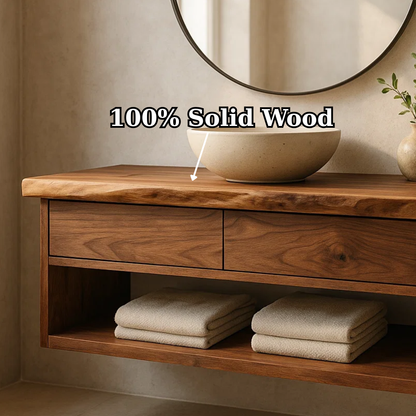 Handcrafted Solid Wood Floating Vanity - Live Edge Walnut with 2 Drawers & Open Shelf Lynnsnail