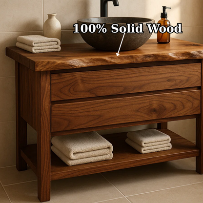 Handcrafted Solid Wood Bathroom Vanity - Live Edge Dark Wood Cabinet & Open Shelf Lynnsnail