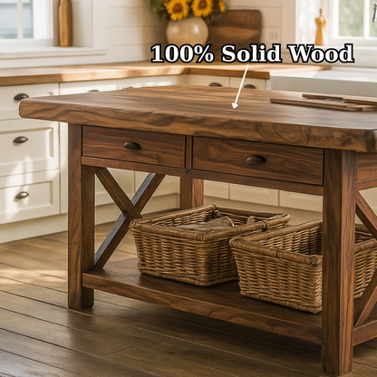 Handcrafted Solid Wood Kitchen Island - X-Base Design & Dark Finish