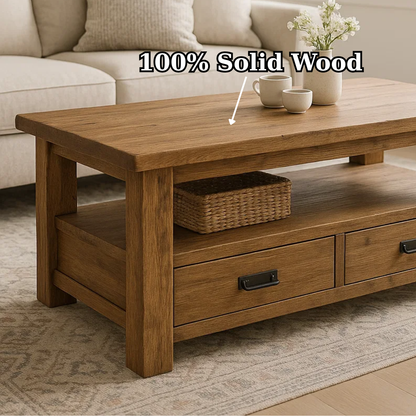 Handcrafted Solid Wood Coffee Table – Rustic Farmhouse Storage with Two Drawers and Shelf Lynnsnail
