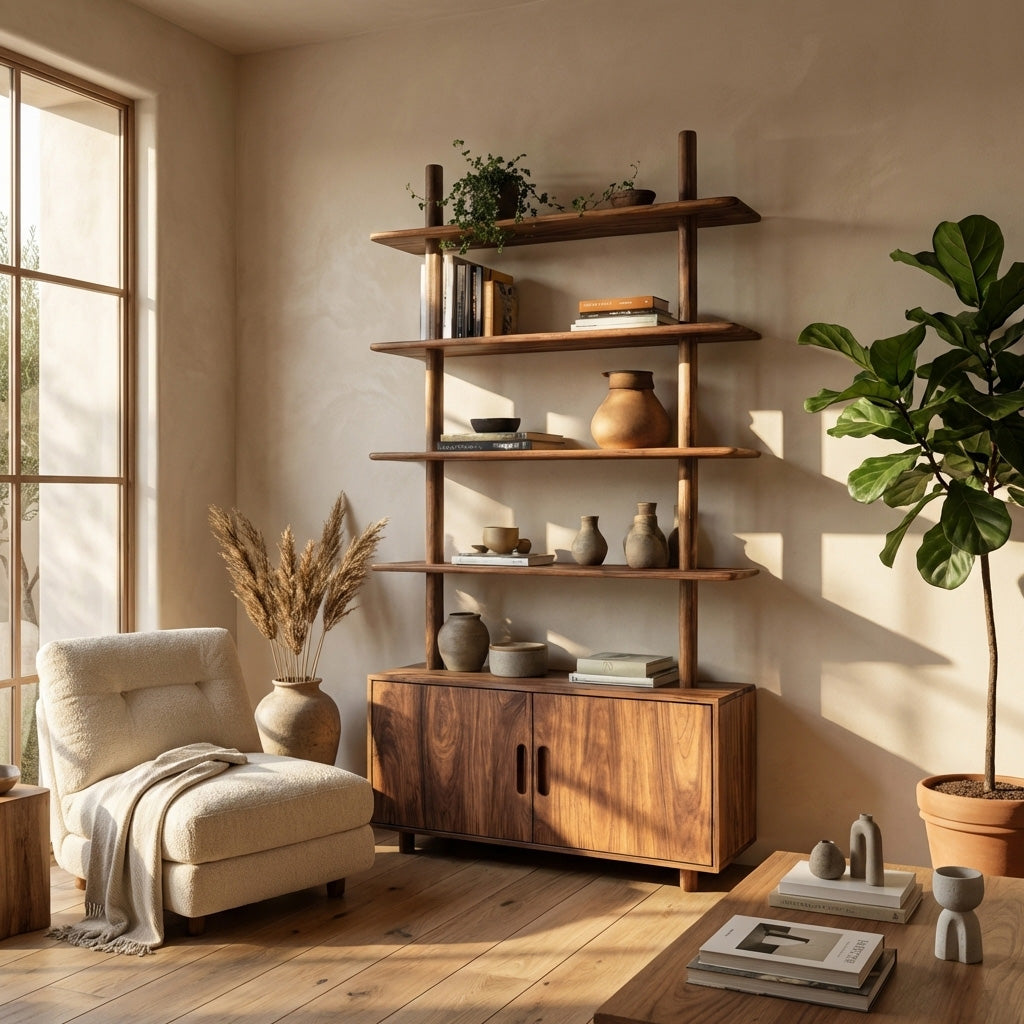 Mid Century Wooden Bookcase With Closed Storage For Living Lynnsnail