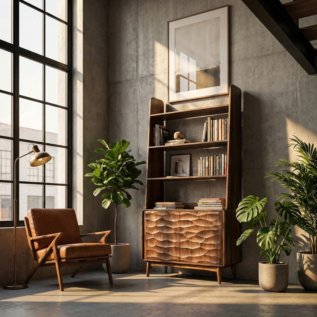 Modern Bookshelf With Carved Wave Cabinet Doors For Home Lynnsnail