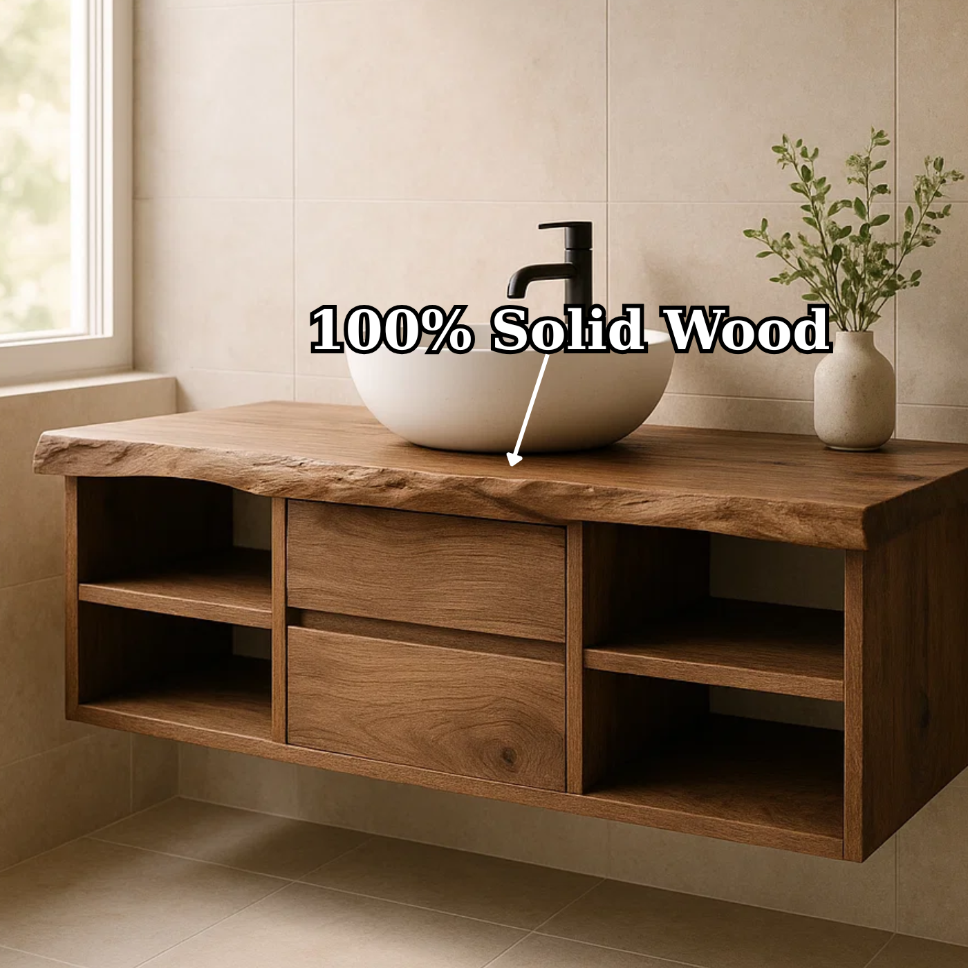 Handcrafted Solid Wood Floating Vanity - Live Edge Console with Central Drawers & Open Shelving Lynnsnail