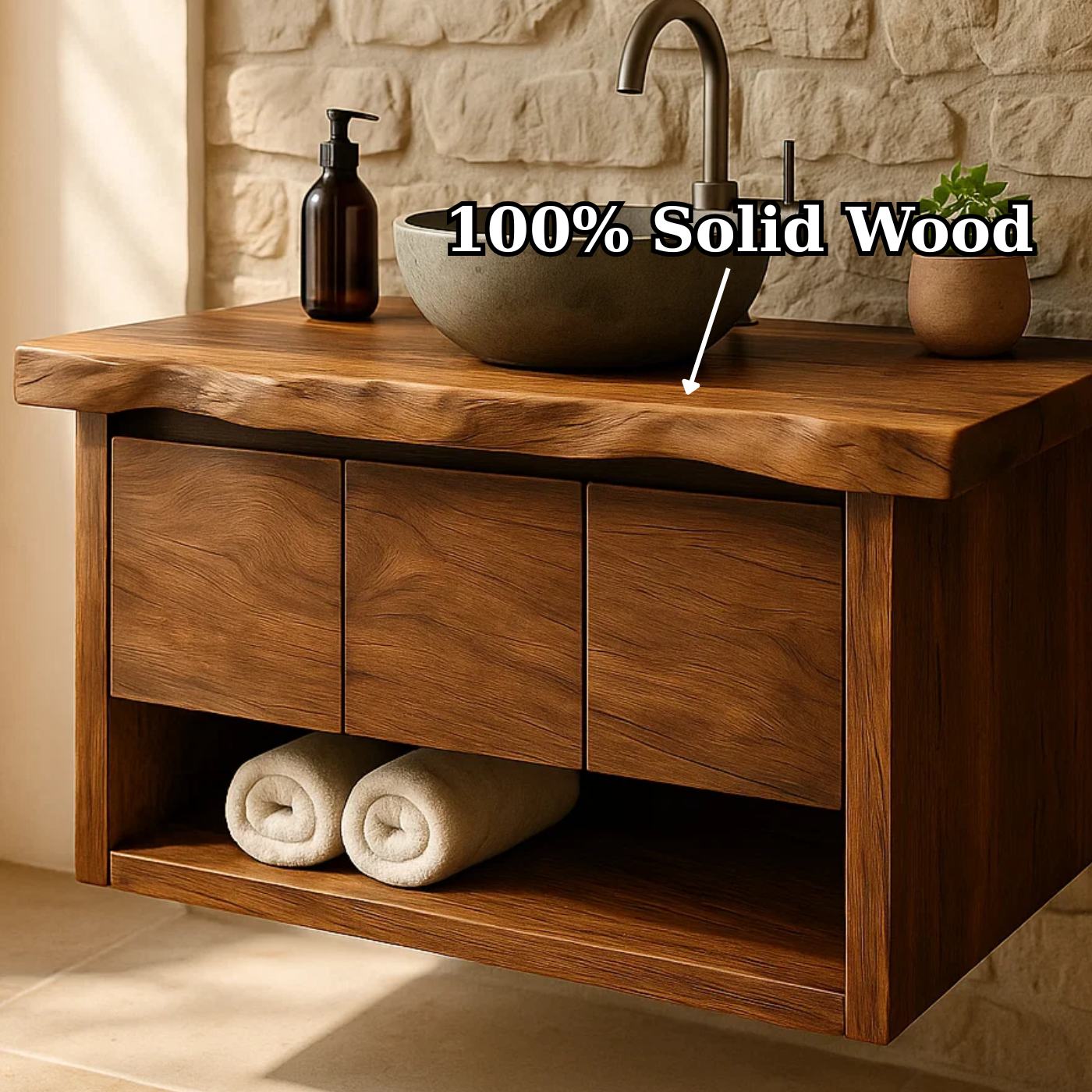 Handcrafted Solid Wood Floating Bathroom Vanity with Live Edge Top - Rustic Modern Washstand Lynnsnail