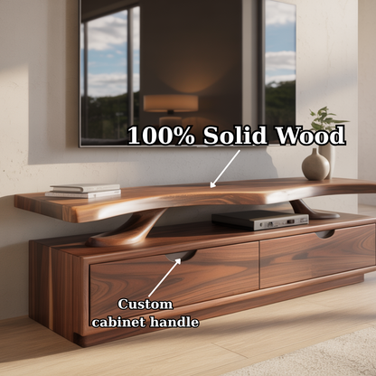 Handcrafted Solid Wood TV Stand with Sculpted Live-Edge Floating Shelf Lynnsnail