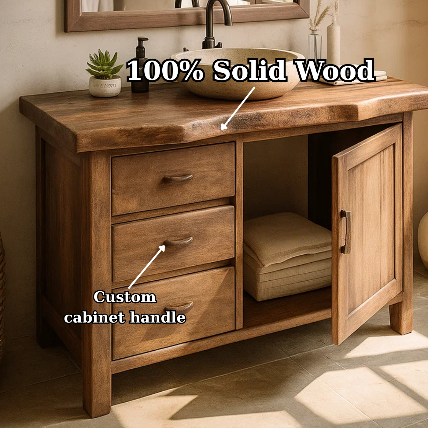 Handcrafted Solid Wood Bathroom Vanity with Live-Edge Top and Storage Drawers Lynnsnail
