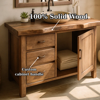 Handcrafted Solid Wood Bathroom Vanity with Live-Edge Top and Storage Drawers Lynnsnail