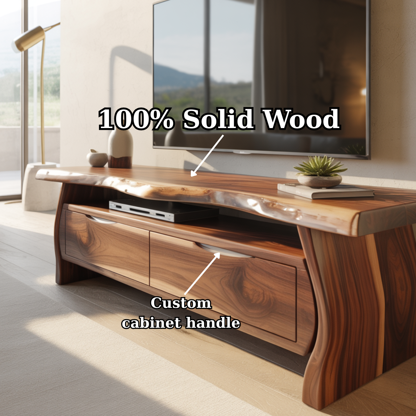 Handcrafted Live-Edge Solid Wood TV Stand with Sculpted Curved Base Lynnsnail