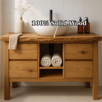 Handcrafted Solid Wood Bathroom Vanity - Live Edge Top with Drawers & Open Shelf Storage Lynnsnail