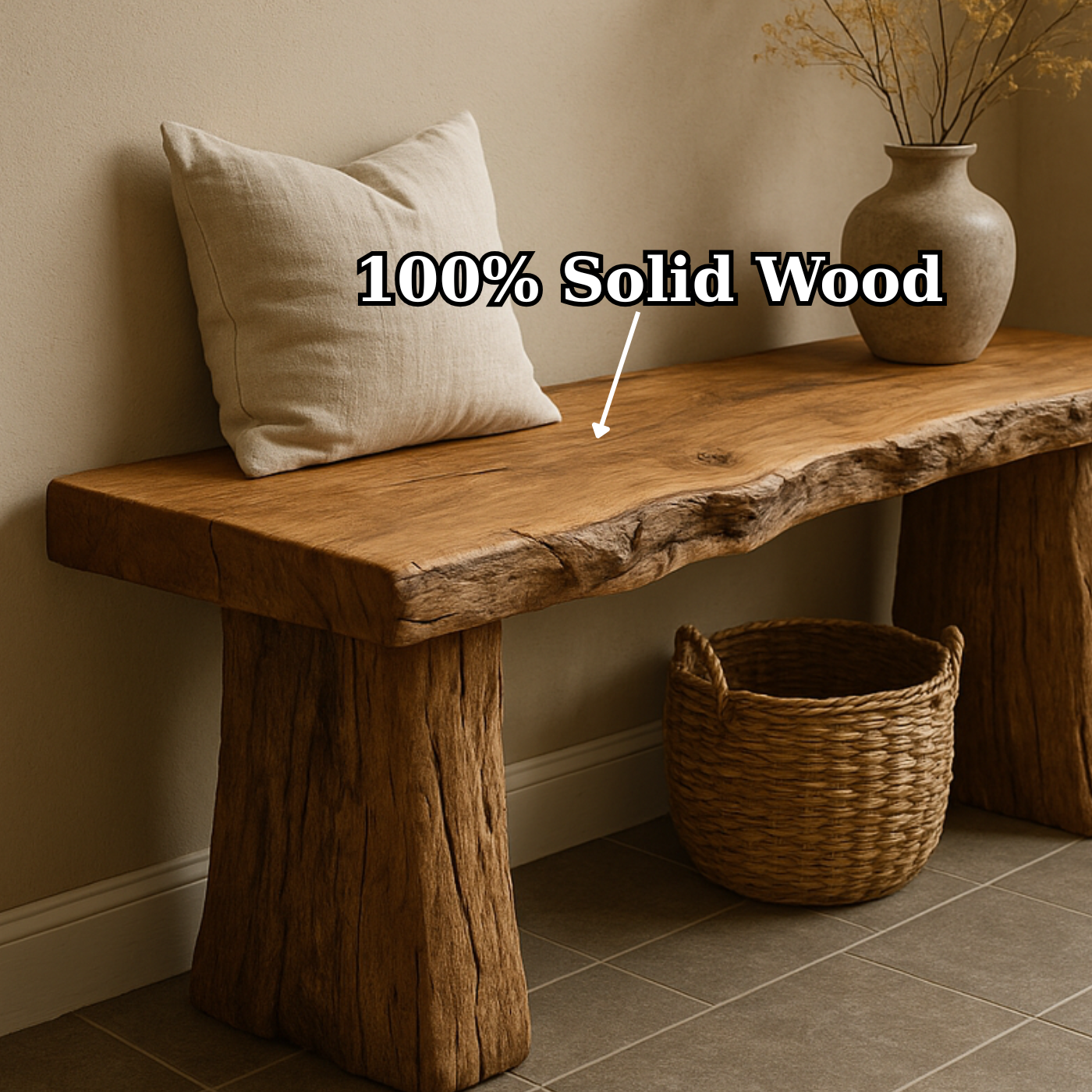 Handcrafted Solid Wood Rustic Bench – Natural Live-Edge Slab Entryway Seating Lynnsnail