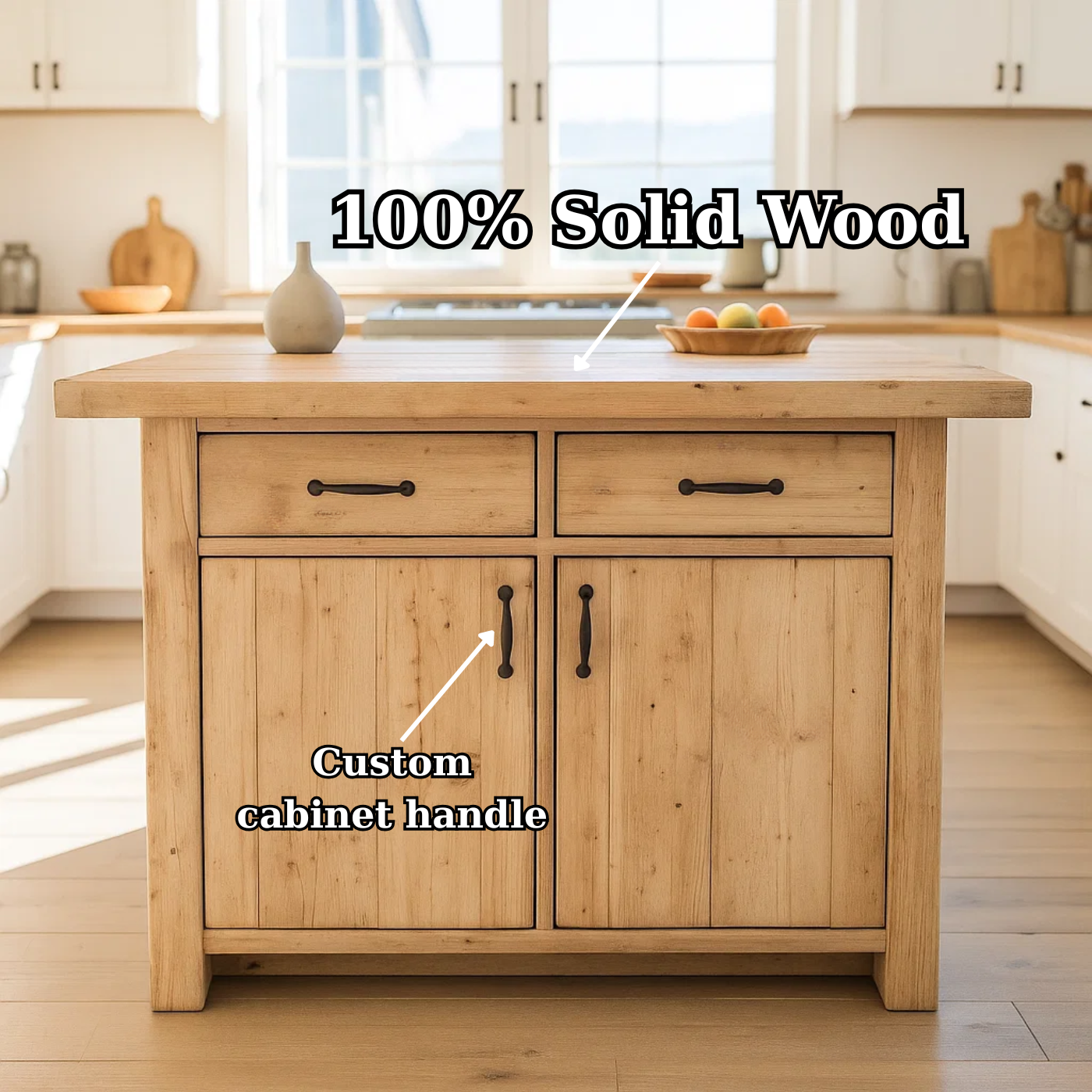 Handcrafted Solid Wood Kitchen Island with Dual Drawers and Spacious Cabinet Storage Lynnsnail