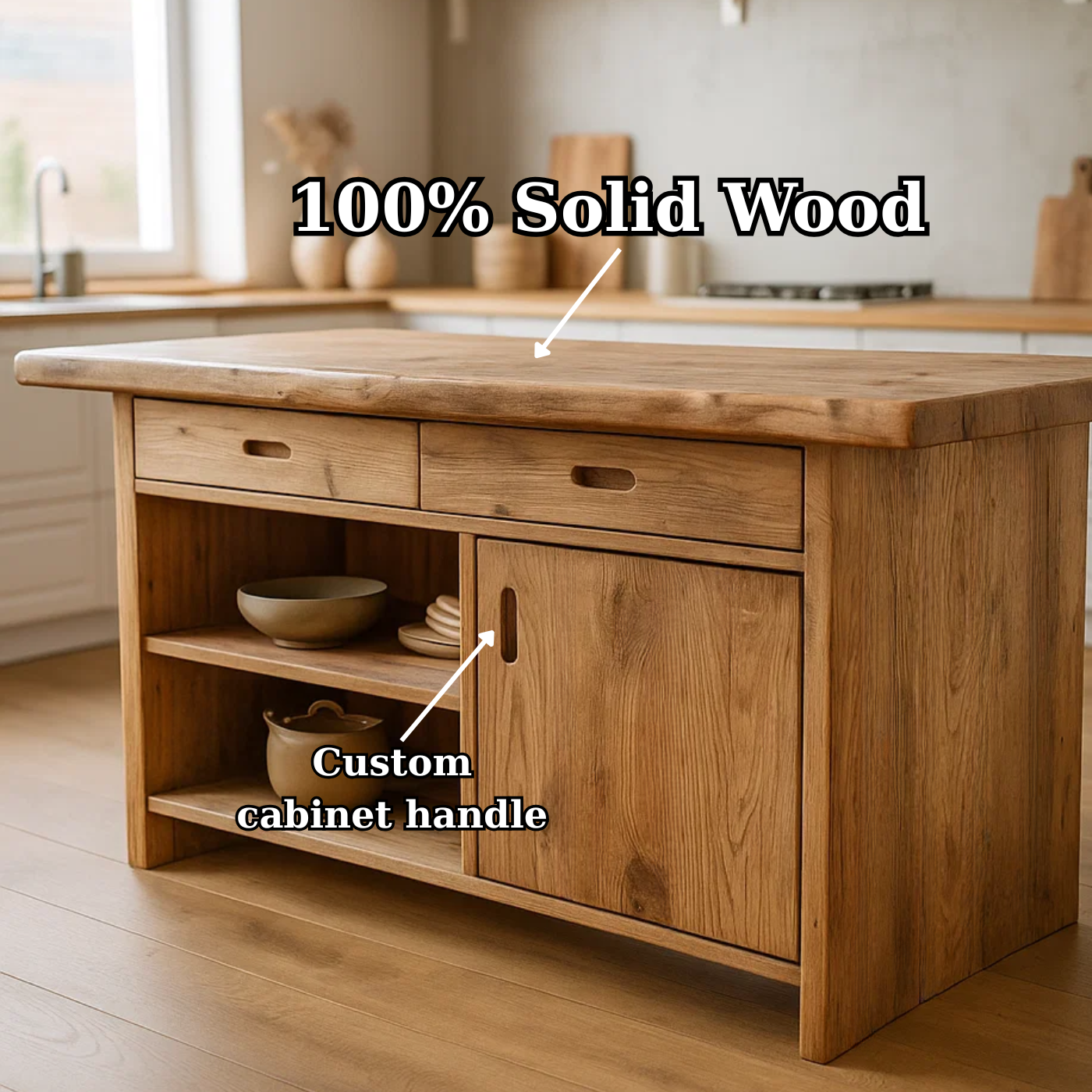 Handcrafted Solid Wood Kitchen Island with Open Shelves and Sliding-Door Storage Lynnsnail