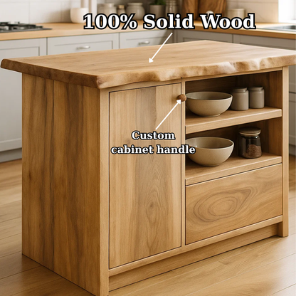 Handcrafted Solid Wood Kitchen Island with Live-Edge Top and Open Storage Shelves Lynnsnail