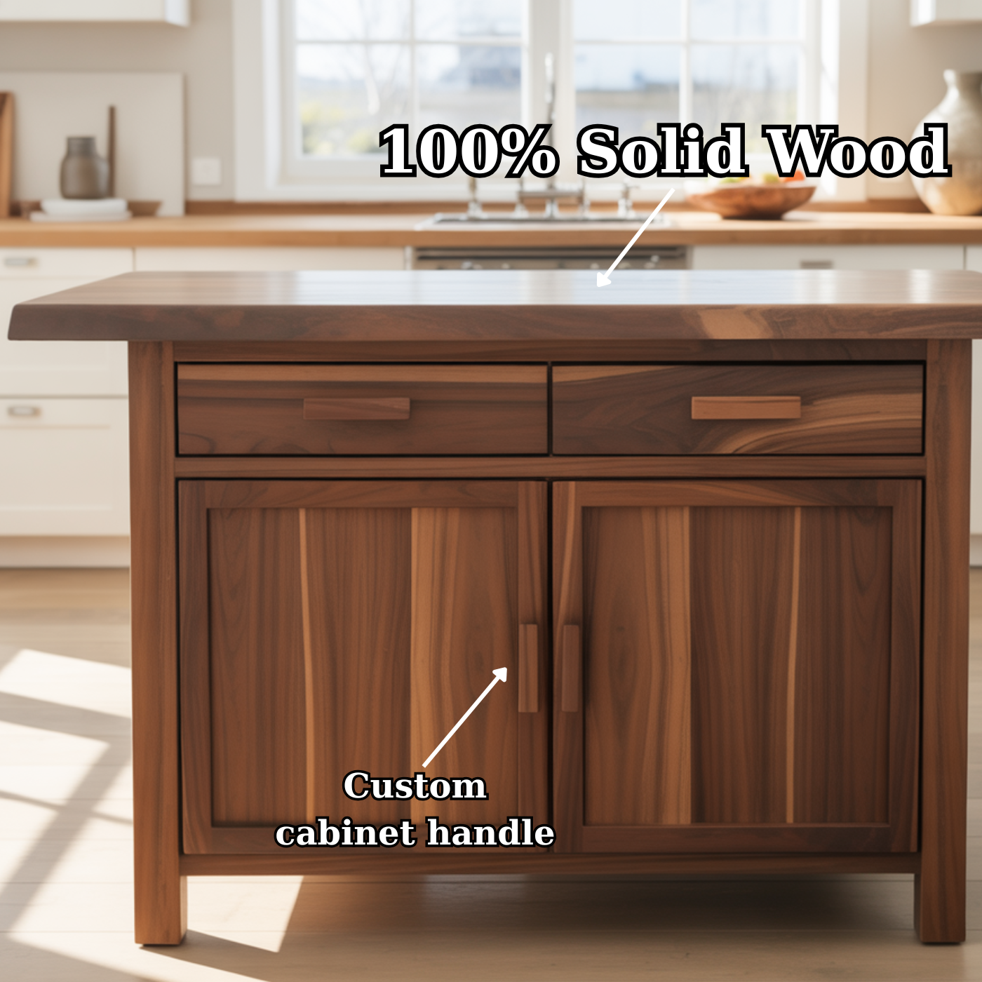 Handcrafted Solid Wood Kitchen Island with Dual Drawers and Spacious Cabinet Storage Lynnsnail