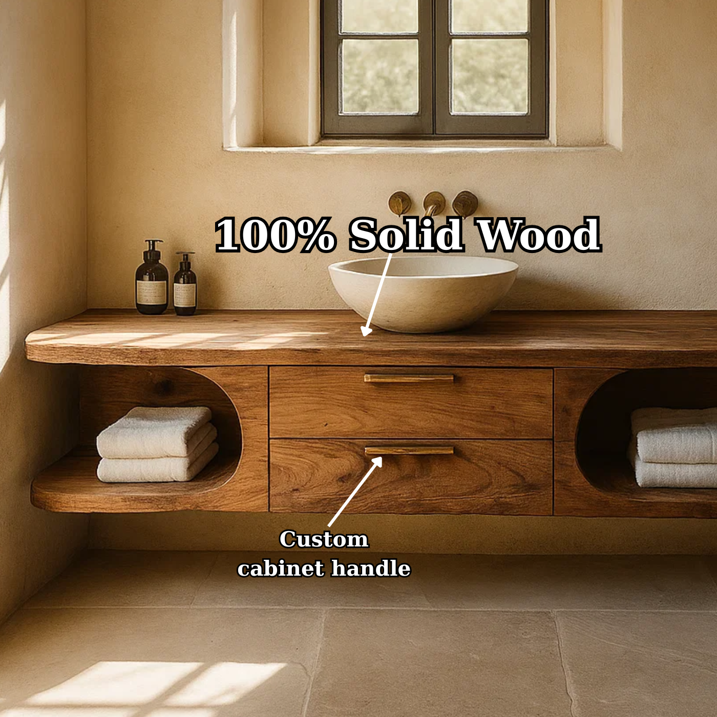 Handcrafted Solid Wood Floating Vanity - Organic Console with Curved Edges and Storage Nooks Lynnsnail