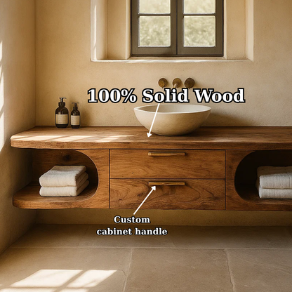 Handcrafted Solid Wood Floating Vanity - Organic Console with Curved Edges and Storage Nooks Lynnsnail