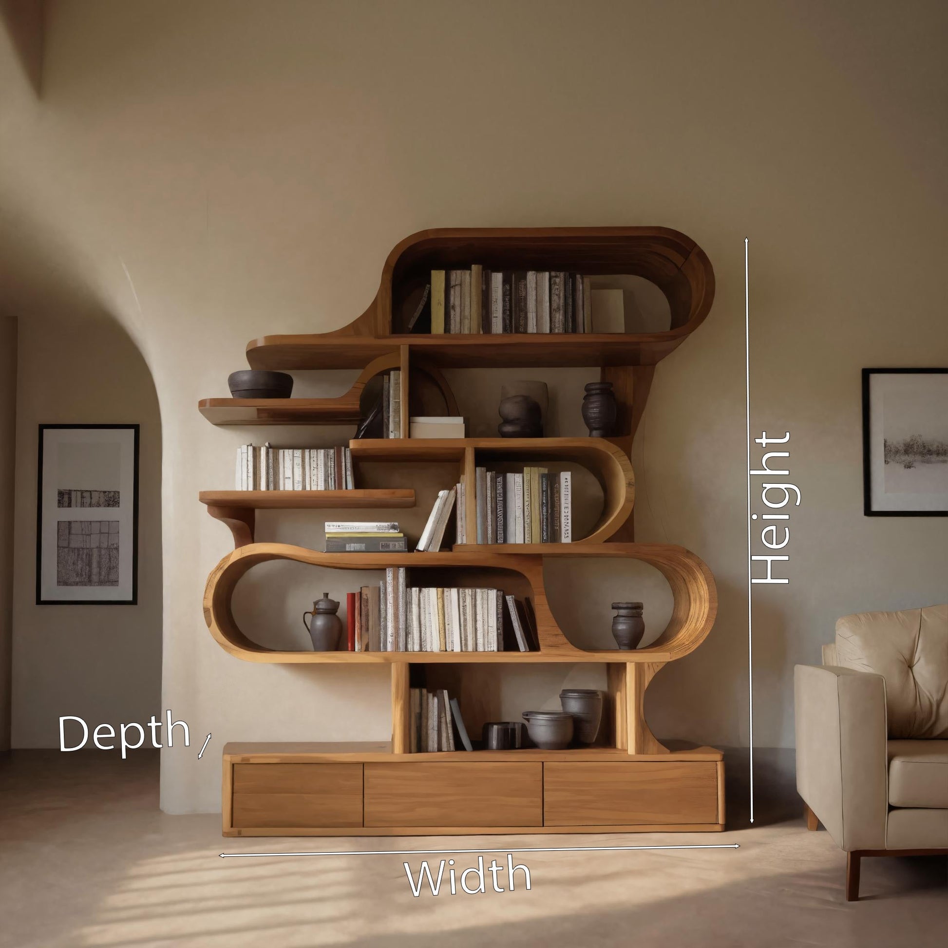 Modern Sculptural Bookshelf With Curved Design For Living Room Or Office Lynnsnail