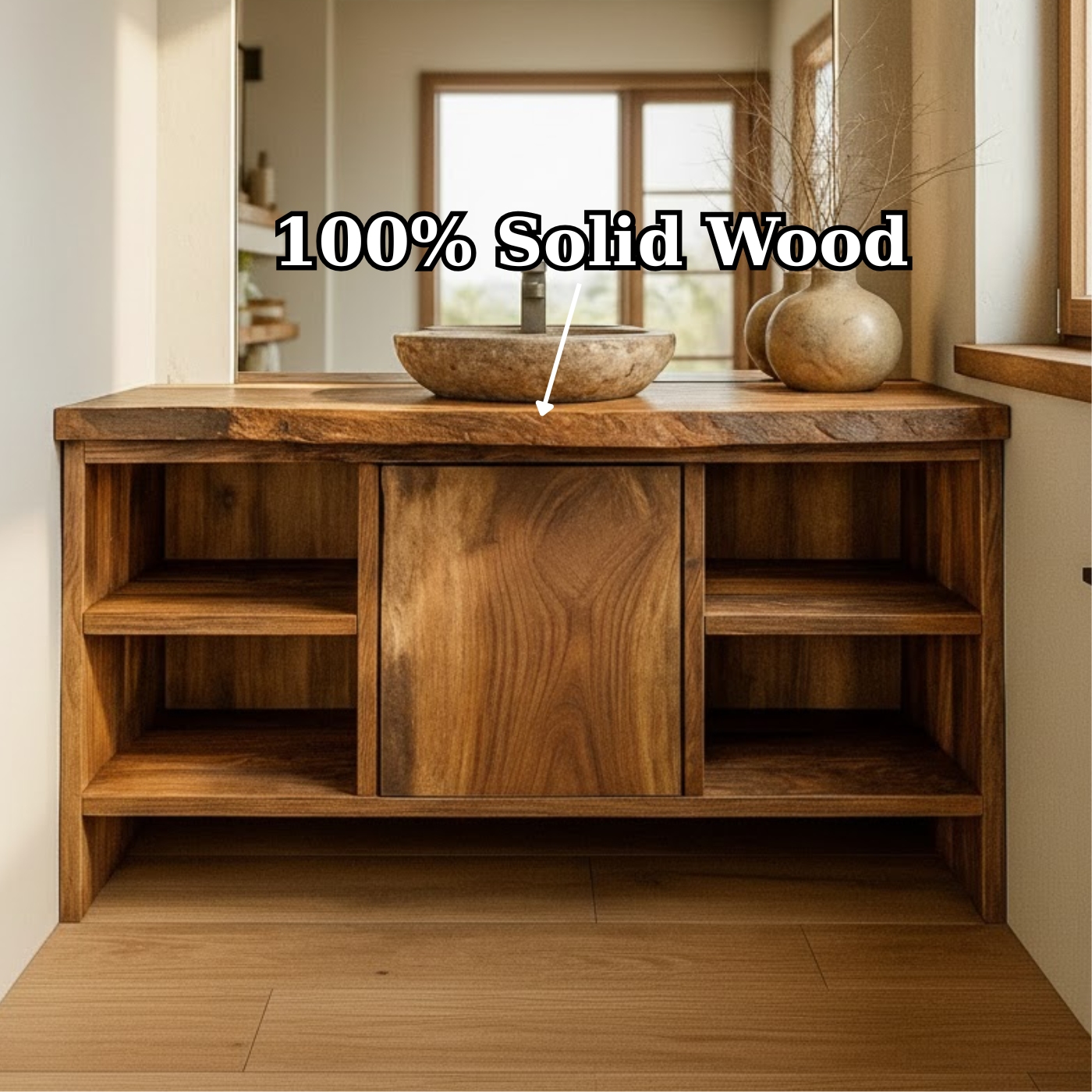 Handcrafted Solid Wood Bathroom Vanity with Central Sliding Door & Open Storage Shelves Lynnsnail