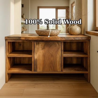 Handcrafted Solid Wood Bathroom Vanity with Central Sliding Door & Open Storage Shelves Lynnsnail