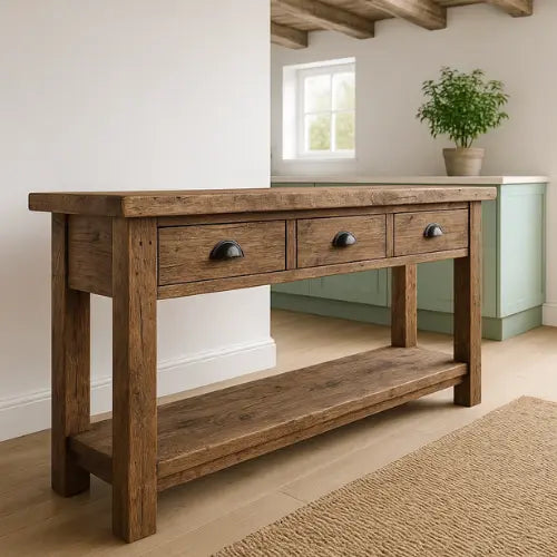 Rustic Solid Wood Console Table with Black Iron Handles, Handcrafted Lynnsnail