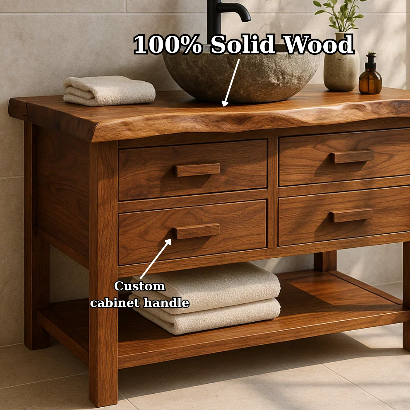 Handcrafted Solid Wood Bathroom Vanity with Live Edge Top and 4 Drawers Lynnsnail