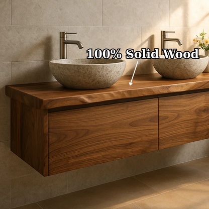 Handcrafted Solid Wood Floating Vanity - Double Sink Live Edge Walnut Console 2-Drawer Lynnsnail