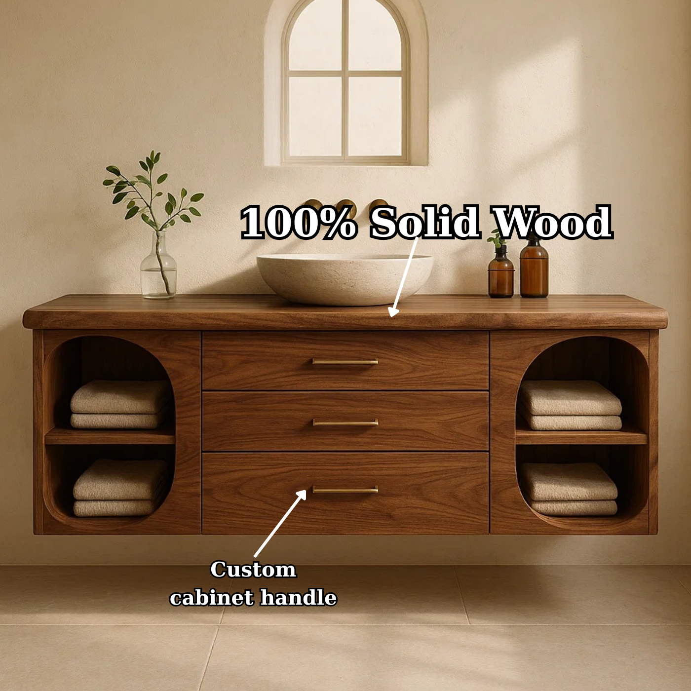 Handcrafted Solid Wood Floating Vanity - Modern Wall-Mounted Cabinet with Arches Lynnsnail