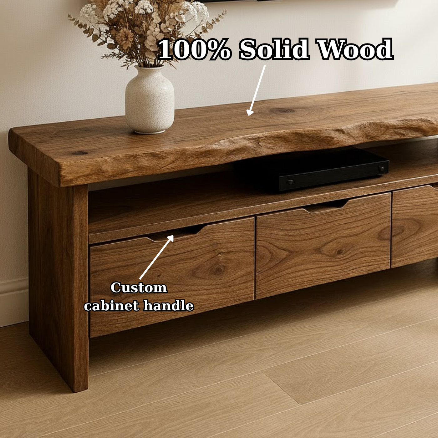 Handcrafted Solid Wood TV Stand with Live Edge Walnut Top and 3 Drawers