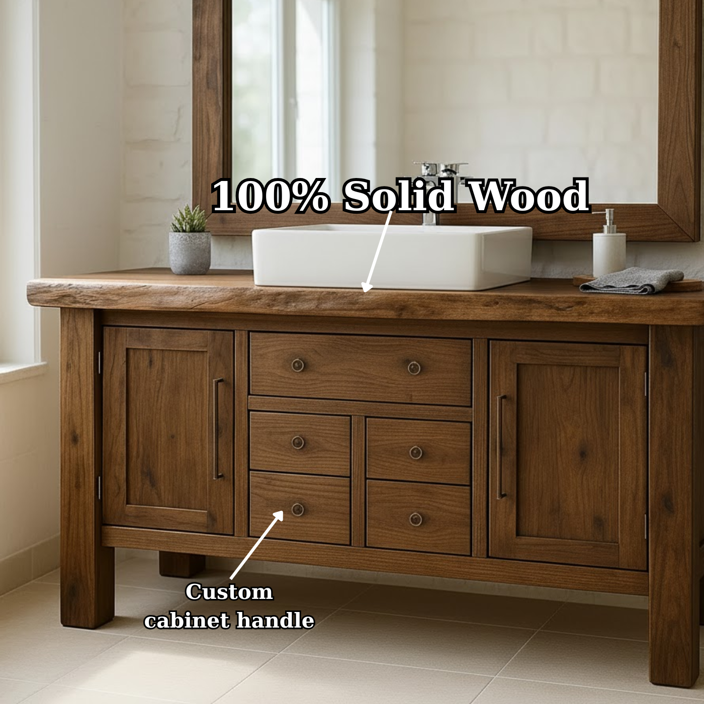 Handcrafted Solid Wood Bathroom Vanity - Live Edge Top, Cabinets, Drawers & Vessel Sink Base Lynnsnail