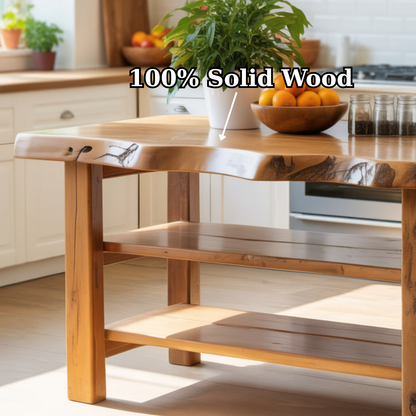 Handcrafted Solid Wood Kitchen Island - Natural Live-Edge Top & Open Shelving