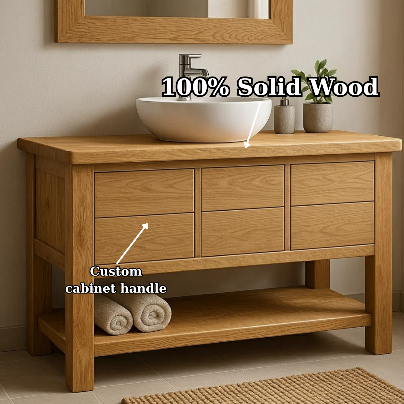 Handcrafted Solid Wood Bathroom Vanity with Oak Finish and Open Shelf Lynnsnail