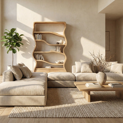 Modern Curved Wooden Bookshelf For Living Room Lynnsnail