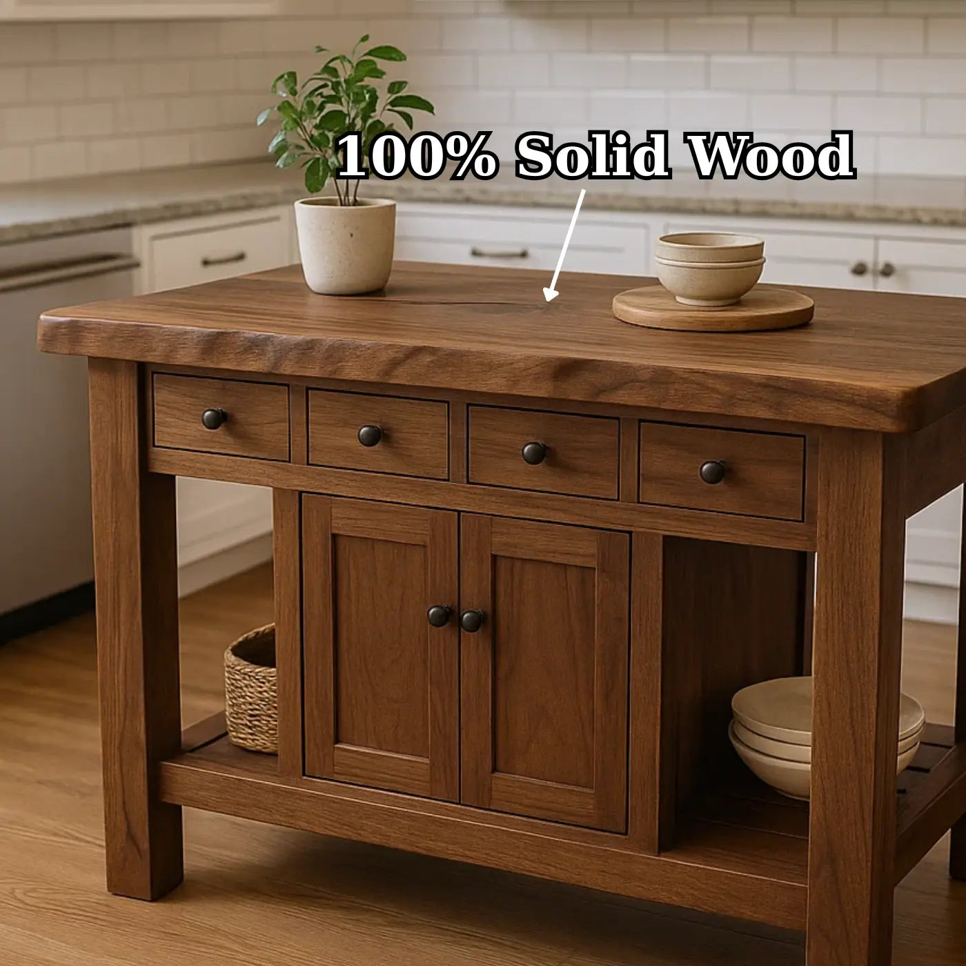 Handcrafted Solid Wood Kitchen Island - 4 Drawers & Cabinet Storage Lynnsnail