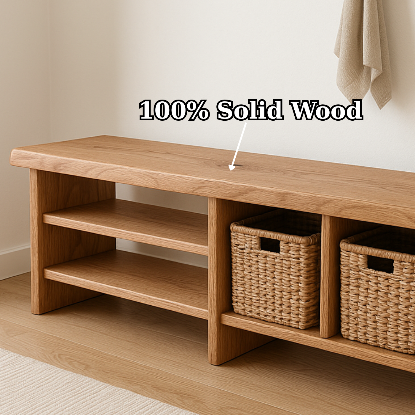 Handcrafted Solid Wood Bench – Minimalist Seating with Open Cubby Organiser Lynnsnail