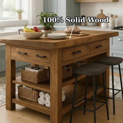 Handcrafted Solid Wood Kitchen Island - Rustic Top, Drawers & Open Shelving Lynnsnail