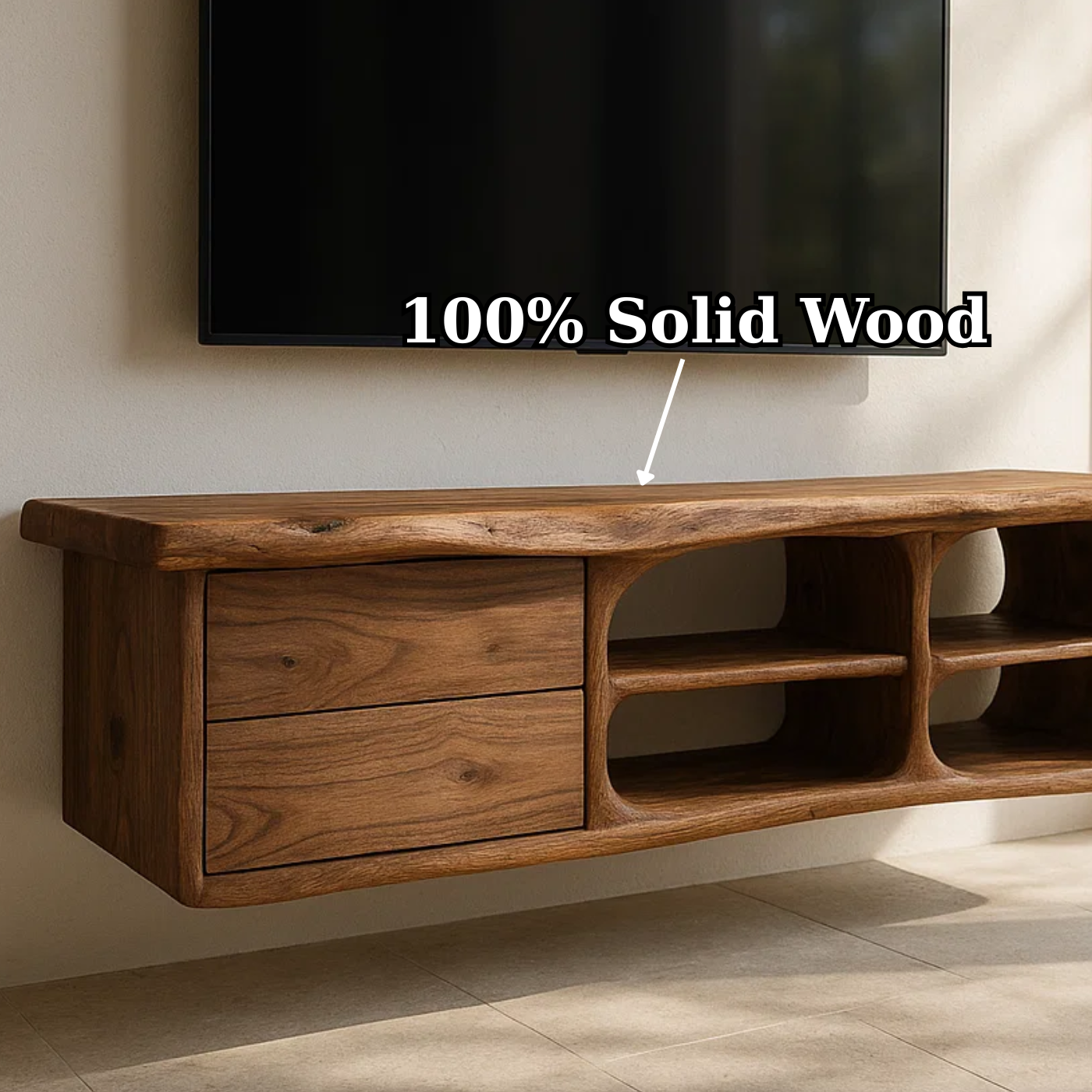 Handcrafted Solid Wood Floating TV Stand with Live Edge - Rustic Modern Media Console Lynnsnail